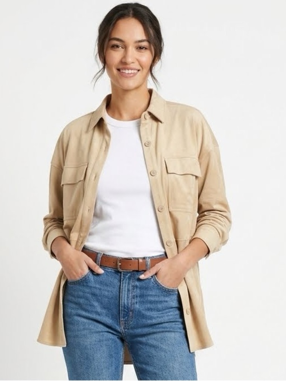 MAX STUDIO Vegan Faux Suede Chamois Butter Light Tan Shirt XS Extra Small $128